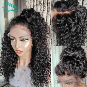 Bythair 13x6 HD Transparent Lace Front Human Hair Wigs Brazilian Long Curly Wig With Baby Hairs Pre Plucked Hairline Natural Black Color For Women