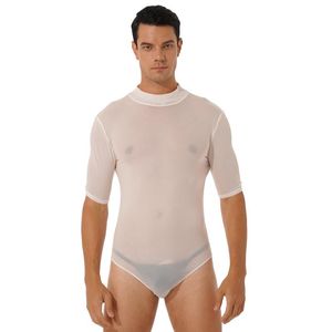 Herren-Badebekleidung, durchsichtiges Netz, kurzärmelig, zum Schwimmen, Strand, Bodysuit, Mock-Neck, Reißverschluss hinten, Trikot, Nachtclub, Bühnenshow, Kostüm