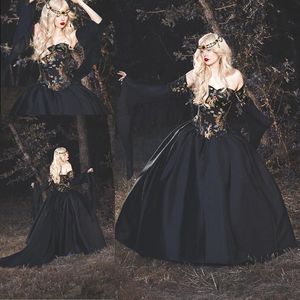 Gothic Black Wedding Dress Off the Shoulder Long Sleeves Victorian lace-up Bridal Gowns Embroidery Satin Vestidos De Novia