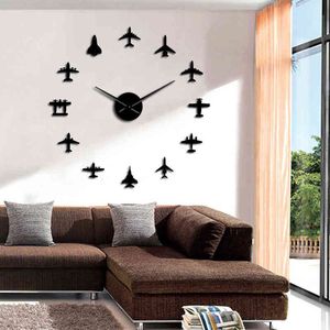 Flying Plane Fighter Jet Modern Diy Giant Wall Clock Acrylic Spegel Ytan Klistermärke Flygplan Väggklocka Aviator Pilot Heminredning H1230