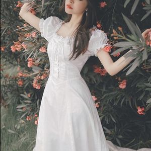 Elegancka bajka sukienka kobiety białe francuski rękaw puff sukienka Sukienka Koreański Japonia styl słodki vintage retro lato sukienka 210306