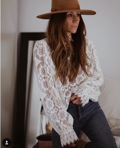 AYUALIN dame witte kant blouse shirt vrouwen lange mouw see through sexy blusa vintage femme transparante top casual boho blouses 21302