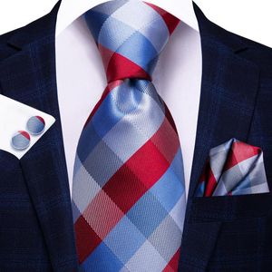 Fliege Hi-Tie Hellblau Rot Kariert Seide Hochzeitskrawatte Für Männer Handky Manschettenknopf Set Modedesigner Geschenk Herren Krawatte Business Party