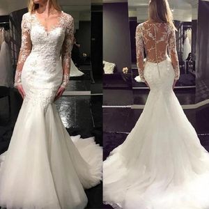 2021 Long Sleeves Mermaid Wedding Dresses Lace Applique Scoop Neck Sweep Train Tulle Custom Made Plus Size Beach Wedding Bridal Gown