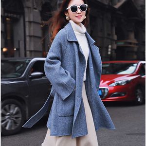 Wool Coat Women High Street Turn-down Collar 3 Colors Female Winter Outwear Cashmere Coats with Sashes 210625