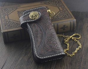 Wallet Men Fashion Vintage Handmade Biker Long Leather Tooled Carved Purse With Brass Chain