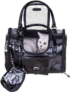 Svart Luxury Fashion Dog Carrier Ankomst Portable Outdoor Pu Läder Valp Handväska Handväska Katt Tote Bag för Små Hundar Djur Valise Travel Vandring Shopping