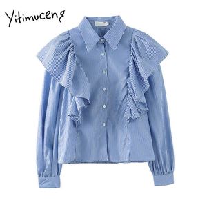 Yitimuceng Çizgili Bluz Kadınlar Vintage Ruffles Button Up Gömlek Turn-down Yaka Düz İlkbahar Yaz Moda Tops 210601