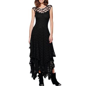 Casual Dresses Women Solid Lace Long Dress Hippie Style Asymmetrical Sexy Double Layered Ruffled Trimming Low V-back Jurken #G2