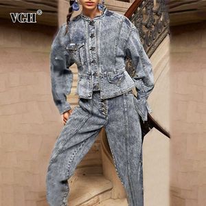 Casual Denim Due pezzi per le donne O Collo Giacca a maniche lunghe Vita alta Jeans dritti Set larghi Moda autunno femminile 210531