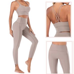 Naked-sente-se Yoga Set Leggings Mulheres Roupas de Fitness Workout de Ginásio de Cintura Alta Legging 2 Piece Terno das Mulheres 210802