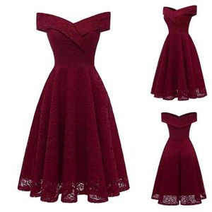 Frauen Elegante Midi Kleid Rote Spitze Kleider Für Neue Jahr 2022 Ärmel Off Schulter Hochzeit Party Prom Kleid Vestido De mujer Y1204