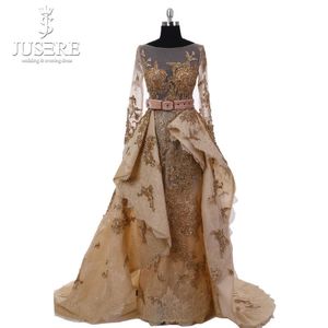 Party Dresses Jusere High Couture A Line Luxury Gold Beaded Appliqued Långärmad V Back Evening Prom Gown