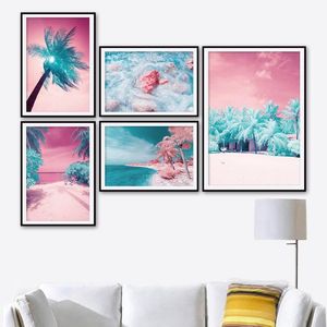 Dipinti Blue Palm albero tropicale rosa spiaggia paesaggio arte murale tela dipinto stampe nordiche foto poster per decorazioni soggiorno