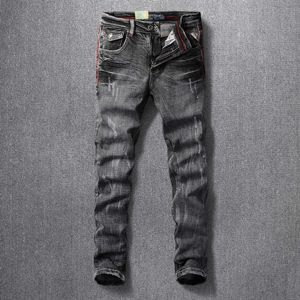 Włoski Styl Moda Dżinsy Mężczyźni Wysokiej Jakości Elastyczna Bawełna Slim Fit Ripped Retro Czarny Szary Vintage Designer Denim Spodnie NR6Q