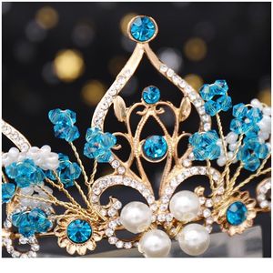 Saç Aksesuarları Prenses Taç Çiçek İnci Mavi Kristal Gelin Düğün Düğün Tiara Başlık Saç Takı Qylwgp