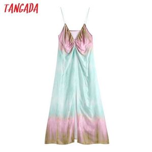 Tangada Kvinnor Chic Sommar Tie-Dye Print Front Slit Midi Klänning Vintage Backless Tunna Straps Kvinna Holiday Dresses Be402 210609