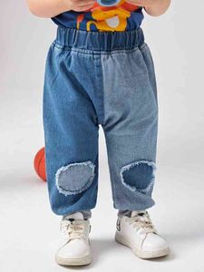 Jeans jogger da bambino con bordi grezzi color block LEI