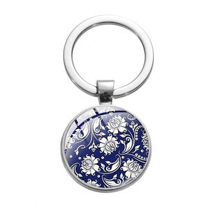 Klasyczny niebieski i biały Porcelanowy Kwiat Print Brelok Kreatywny Projekt Kreatywny Chiński Styl Szklany Klejnot Key Ring Chain Collected