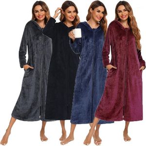 Kvinnors Sleepwear Witbuy Winter Flannel Front Zipper Robe Coat With Pocket Warm Badrock Hooded Solid Långärmad Klänning Natt Slitage Kvinnor