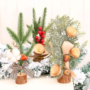Weihnachtsbaum Blätter großhandel-Weihnachten cm Mini Tree Table Show Fenster Ornamente Weihnachten Topf Baumwolle Kiefer Blätter Perlen Home Dekorationen