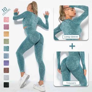 Crown Top Gym Sets Seamless Mulheres Yoga Workout Fitness Clothing Push Up Leggings Desgaste desgaste mulher 2 peças Ternos Tracksuit 210802