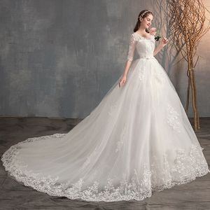 Ślubna sukienka ślubna Trailing Głęboka Koronka V-Neck Duży Rozmiar Wysoka Talia Suknie Ślubne Europejski i Amerykański Prosty Długi Rękaw Winter Winter Vestido De Novia