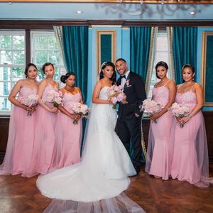 Pink 2021 Bridesmaid Sweet Dresses Mermaid Appliqued Spaghetti Straps Maid of Honor Dress Floor Length Plus Size Wedding Party Guest Gowns