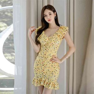 絹の韓国の女性の夏のノイズエレガントな印刷されたセクシーなミニパーティードレス女性服210602