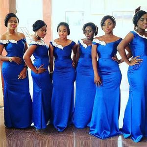 Royal Blue Appliques Bridesmaid Dresses Mermaid Plus Size Wedding Guest Dress With Off The Shoulder Zip Back Satin Fabric Prom Party Gowns 328 328