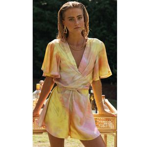 Sommar Kvinnor Jumpsuit Europe And America Ladies Tie-Dye Tryckt oregelbunden V-Neck Ruffle Sleeve Halter Slim Lace-Up Rompers 210527