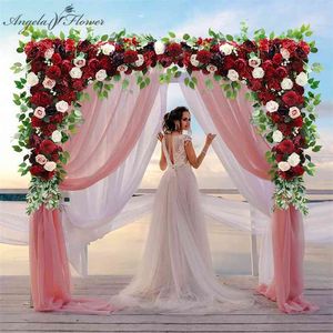 140CM Custom burgundy wine red artificial flower wall garland table centerpiece wedding backdrop decor party cornor flower row 210925