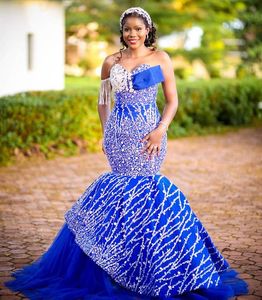 2022 Plus Size Arabic Aso Ebi Luxurious Royal Blue Prom Dresses Beaded Sequins Lace Evening Formal Party Second Reception Gowns Dress ZJ220
