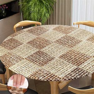 Round Table Cloth PVC Waterproof Wicker Pattern Home Kitchen Wipeable Tablecloth Oilproof Decor Elegant Fabric Elastic Cover 211103