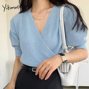 Yitimuceng Stnited Women Sweaters Slim Short Korean Fashion Puff Sleeve V-Neck Sommar Khaki Ljusblå Vit Svart Toppar 210601