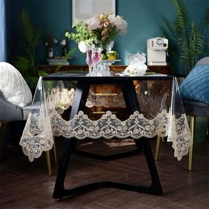 Soft Glass Transparent Dining Rectangular Tablecloth PVC Waterproof Birthday Coffee Table Cover Party Embroidery Lace Decoration 211103