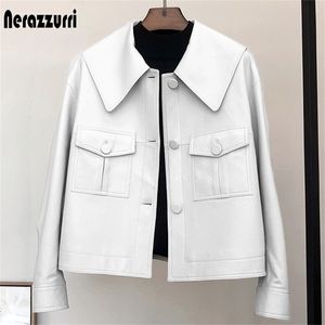Nerazzurri Spring short light white leather jacket for women peter pan collar long sleeve Casual leather jackets for women 211112