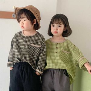 Korean style children Casual Plaid Shirts boys and girls Cotton Loose Long Sleeve Tops Clothes 210615
