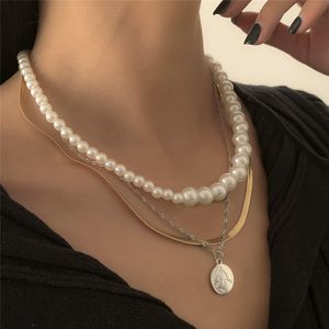 Boho Irregular Pearl Choker Necklace for Women Girl Flat Snake Chain Necklaces Coin Pendant Jewelry 2021 Collier Femme