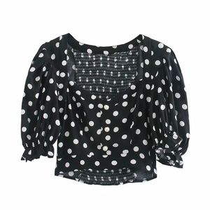 ビンテージの女性のシャツ夏のファッションブラックブラウスの水玉カジュアルショートドレススクエアカラーガールズ210527
