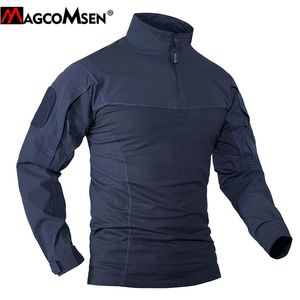 Magcomsen Men Military Tシャツ長袖アーミー戦術戦闘TシャツジッパーポケットエアソフトペイントボールハントワークTシャツ男210722