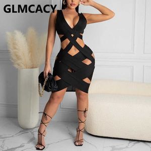 Kvinnor Ärmlös Plunge V-Neck Bandage Dress Sexy Club Bodycon Dresses 210702