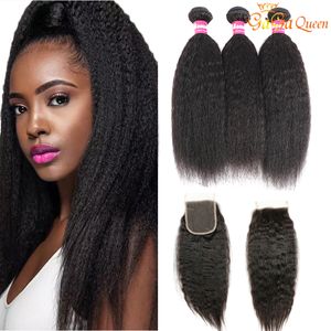 Malaysian kinky straight Hair Bundles With Closure 3 Bundles Malaysian Human Hair Extensions Yaki Straight With 4x4 Lace Closure