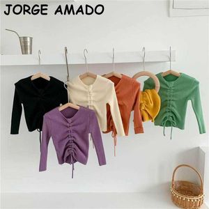 Girls Sweater Girl round collar drawstring Long Sleeve Fashion Knitted Cotton pullover Children Clothes E200301 210610