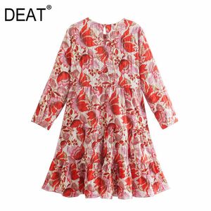 [DEAT] Summer Fashion Round Neck High Waist Long Sleeve Printing Loose Temperament Elegant Dress Women 13Q100 210527