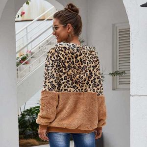 2021 Höstkappa i fuskpäls Dam Leopard Teddy Coat Dam Plysch Huva Vinterkappa Dam Fluffig Päls Teddy Jacka Dam Y0829