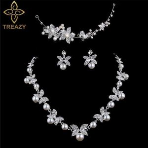 Treazy Fashion Simulerad Pearl Crystal Flower Halsband Örhängen Tiara Brud Smycken Satser för Kvinnor Bröllopsklänning Tillbehör H1022