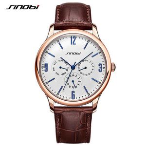 Sinobi Casual Men's Wrist Watches Calendar Week Date Functions Leather Strap Business Males Geneva Quartz Clock Slim Hands Watch Q0524