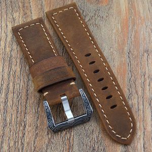 Vintage Brown äkta läderarmband Watch Band 22mm 24mm Watch Strap For Panerai Watch Carved Distribution Buckle Watchband H0915