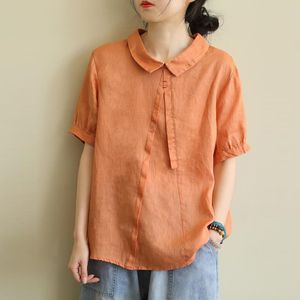 Design plus storlek skjorta kvinnor sommar lösa avslappnade toppar koreansk stil vintage bomullslinne kort ärm kvinna blusar skjortor p803